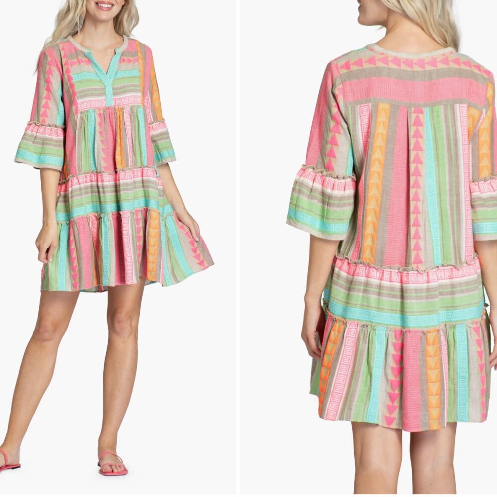 APNY Mixed Print Tiered Cotton Tunic Dress in Pink Multi Size M